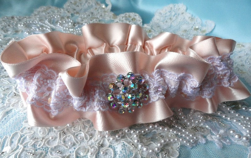 Blush-Nude Satin and White Embroidered Beaded Lace Garter-Iridescent AB Rhinestones-Gift