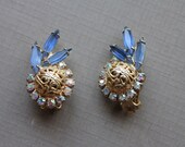 Goldtone, Blue Rhinestone, and Aurora Borealis Rhinestone Vintage Earrings Pin Up Rockabilly Hollywood Glamour