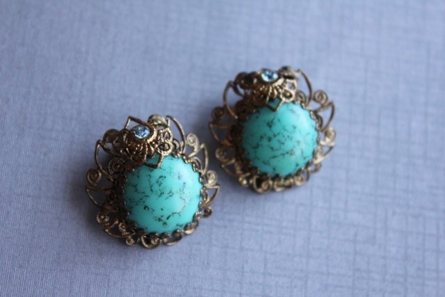 Gold Filigree, Turquiose and Baby Blye Rhinestone Vintage Earrings