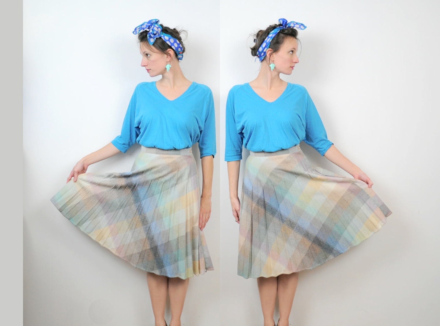 Vintage Plaid Skirt Pleated Muted Wool Small