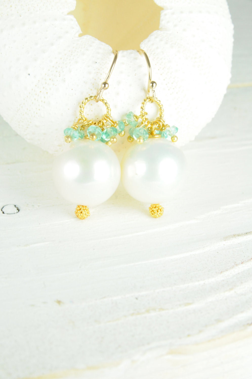 Bridal Statement Earrings with White Pearls:)  White Pearl Earrings, Apatite Earrings, Beach Weddings, Bridal Earrrings, Gifts for Her