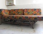 Mid Century rattan lounger couch with original cushions