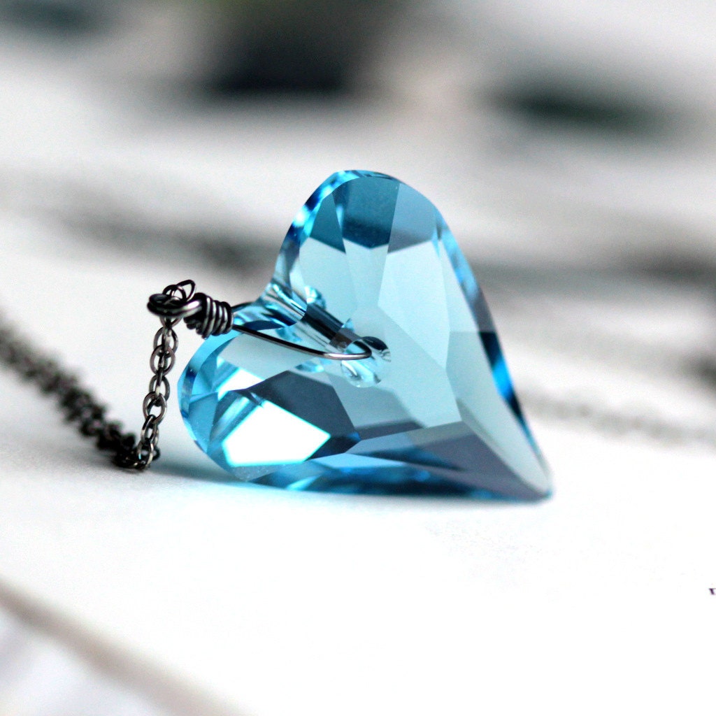Blue Topaz Heart Swarovski Crystal Ice Blue Heart Pendant on Sterling Silver Chain - Ice Queen