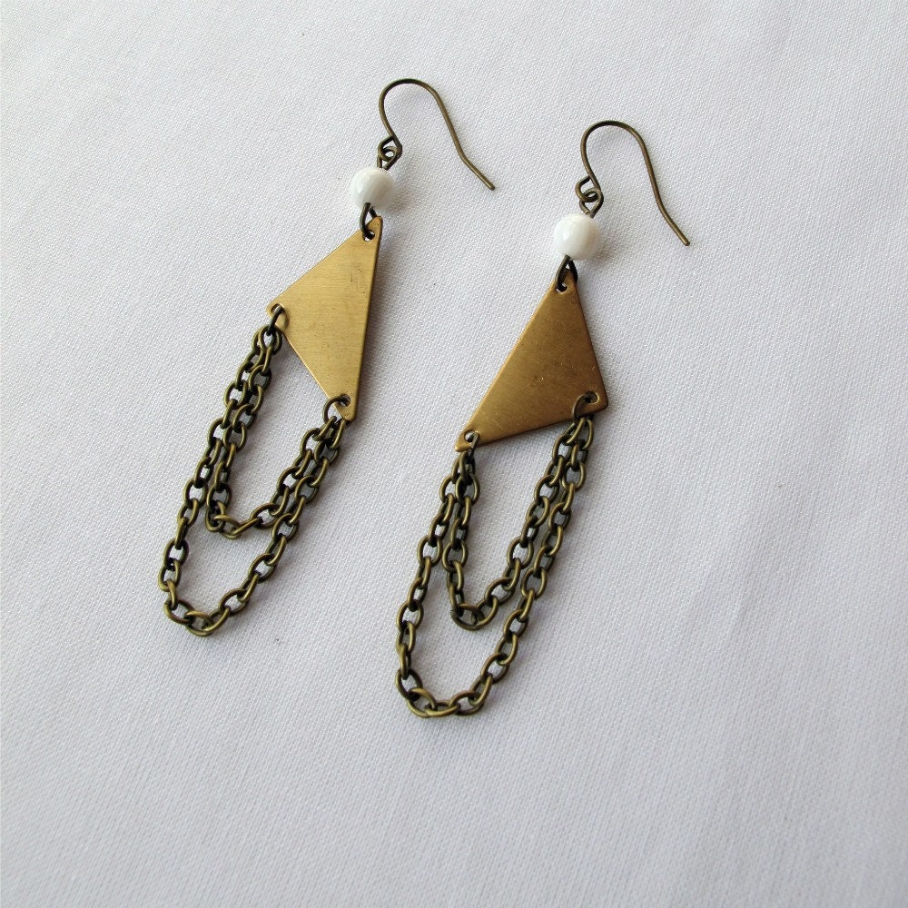 brass triangle and chain earrings
