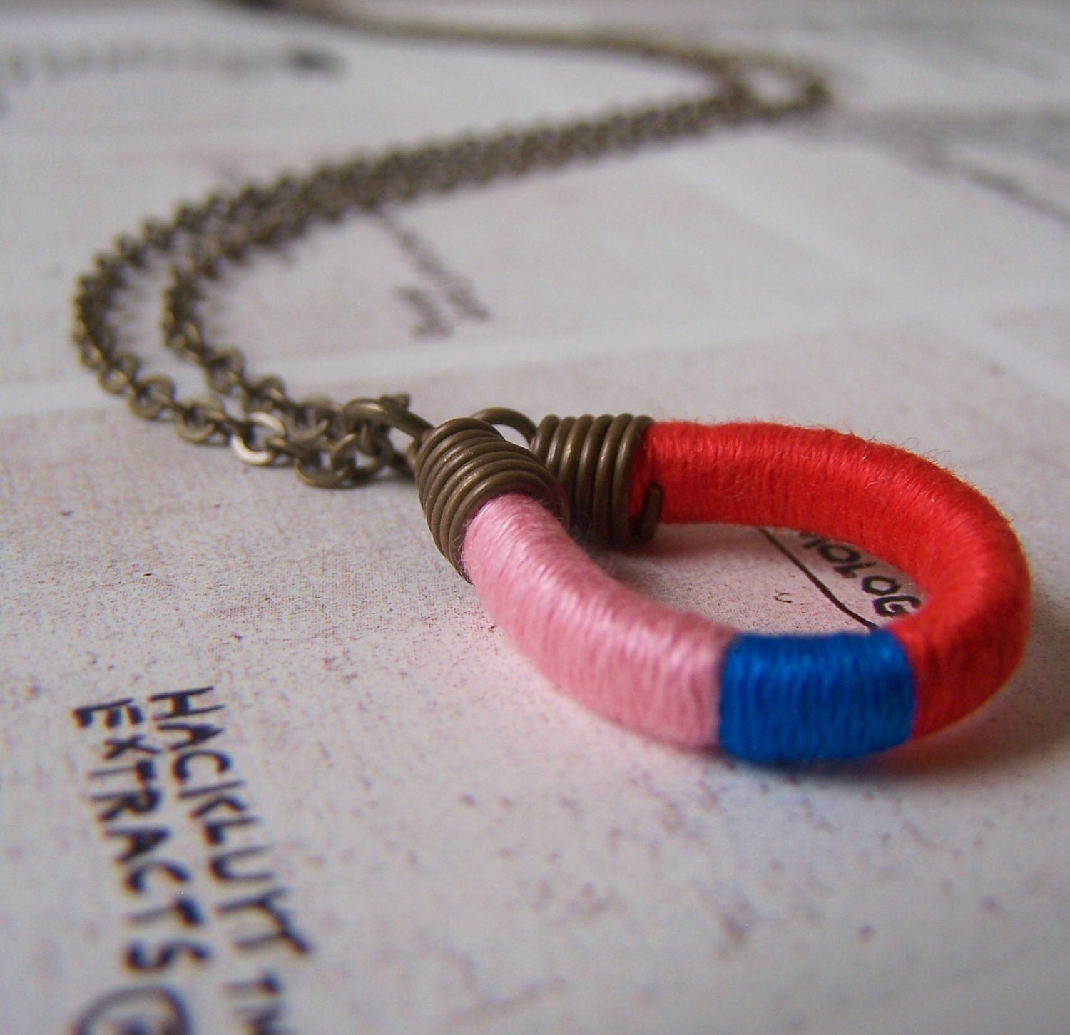 READY TO SHIP - Owen necklace - textile and leather with antiqued brass chain (persimmon peacock petal)