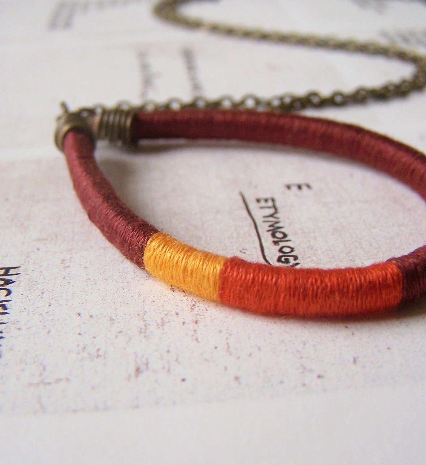 READY TO SHIP - large Owen necklace - textile, leather, antique brass (oxblood, pumpkin, sunflower)