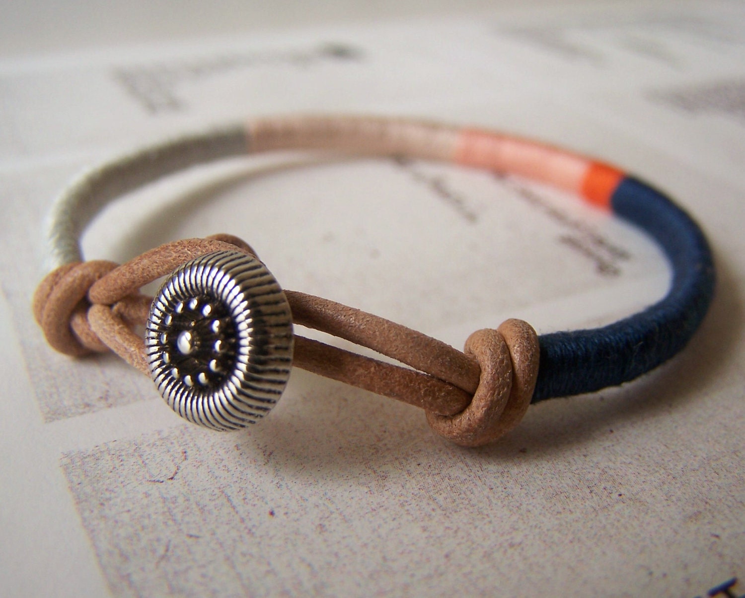 Cooper bracelet - leather wrap, button closure (oyster ginger cantaloupe kumquat storm), handmade jewelry