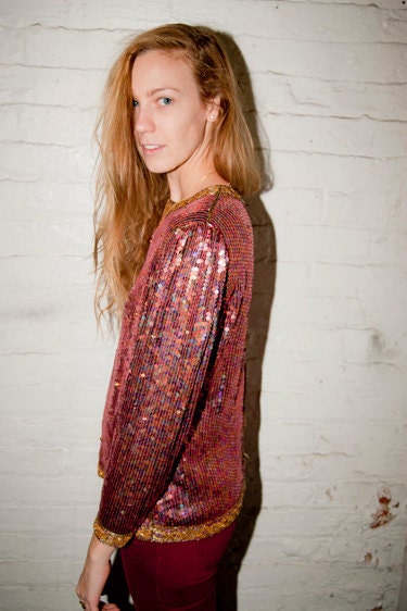 Pink and Gold Sequin Shimmer Glitter Cuff Sleeve Vintage Fitted Blouse