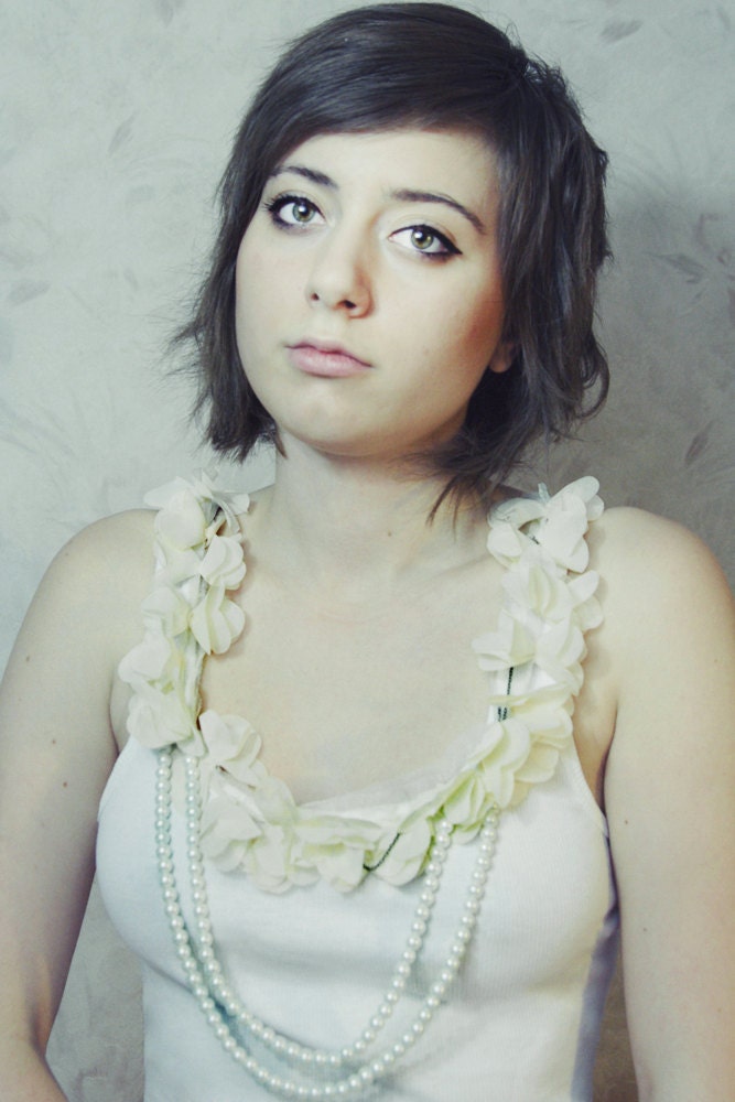White tank top with pearls and flower petals