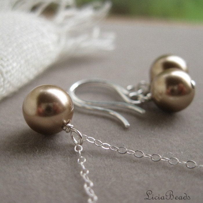 Bride in Pearls - necklace and earring set in bronze, custom colors available