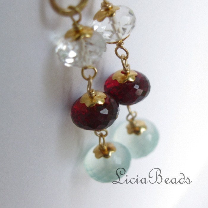 Garnet, Aqua Chalcedony and Quartz gemstone dangle earrings in 14K gold filled