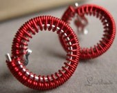 Red Circles - wirewrapped sterling silver circle earrings
