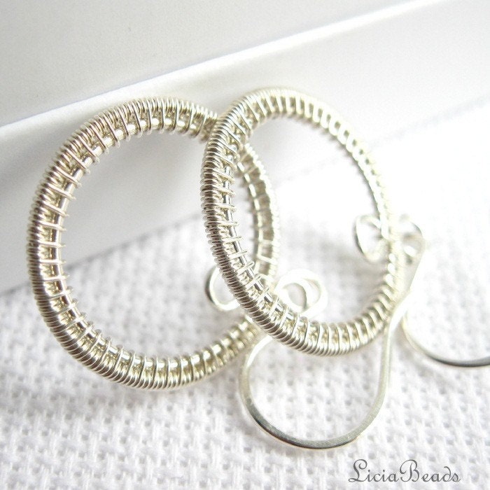 Circle in Time - wire wrapped sterling silver circle dangle earrings