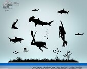 Underwater wall decal - Deep sea wall decal with two scuba divers, sharks decals, jellywish decals, fishes.d440