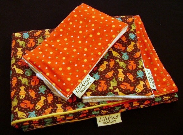 Receiving / Swaddling Blanket and Burp Cloths - Happy Fishies
