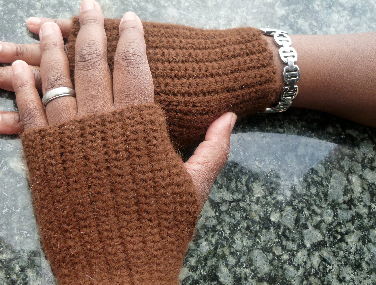 Fingerless Gloves, Pure Baby Alpaca, not "itchy", Undyed Brown, Crochet, Free Shipping