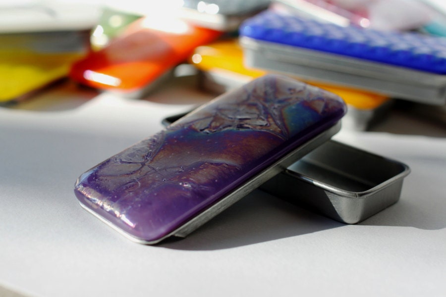 Fused Glass Slide Top Treasure Tin Golden Purple- Large