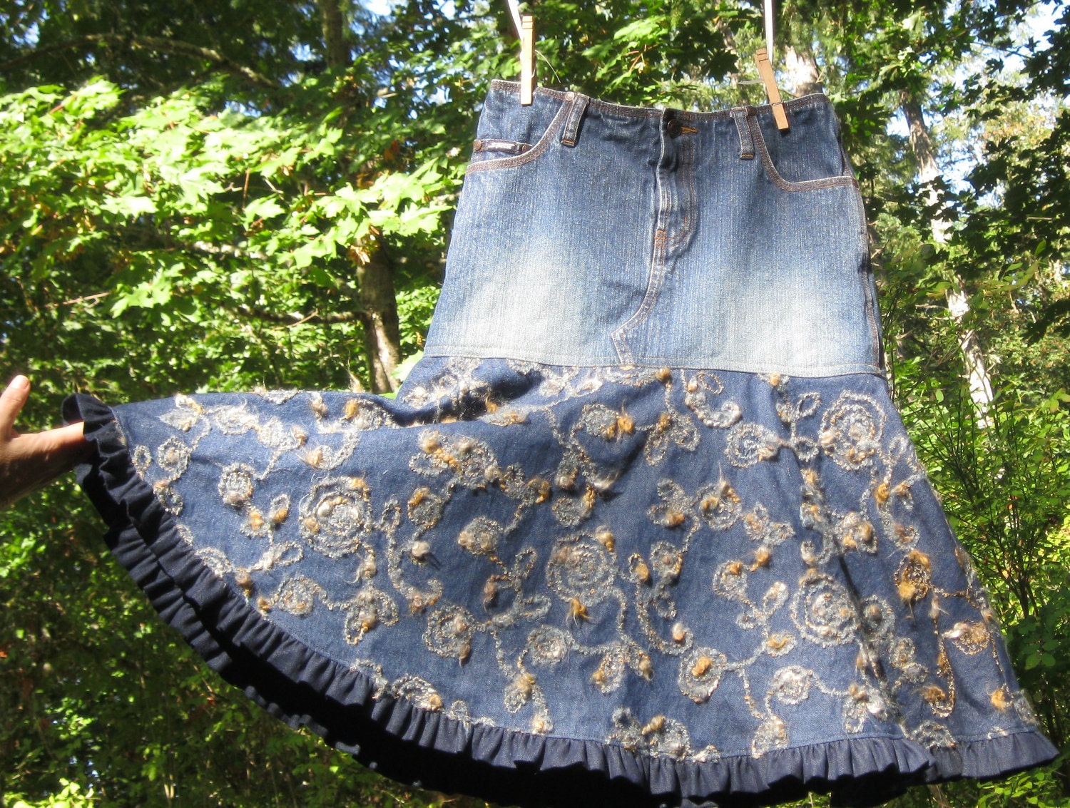 Blue denim Upcycled modest girls skirt,
