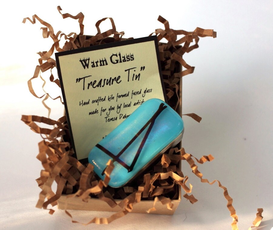 Fused Glass Slide Top Treasure Tin Cyan Chopstix-  Small