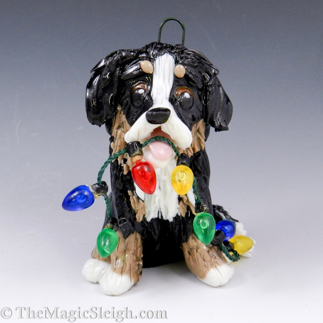 Bernese Mountain Dog Ornament  with Christmas Lights Porcelain Sculpture