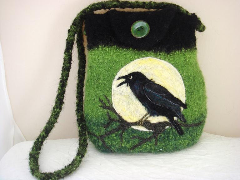 Felted Purse Raven Alpaca, crow green handbag