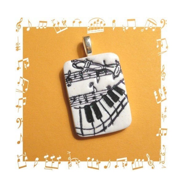 Music Lover's Pendant black white polymer clay jewelry