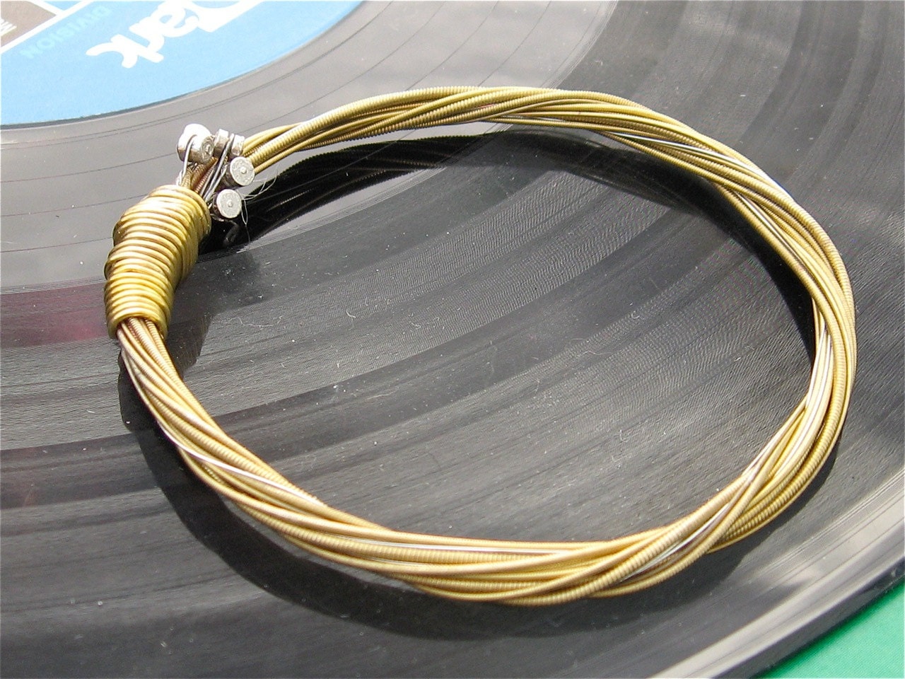 Recycled Acoustic Guitar String Bracelet gold colored with nickel ends attached Mens or Womens SMALL free shipping to US