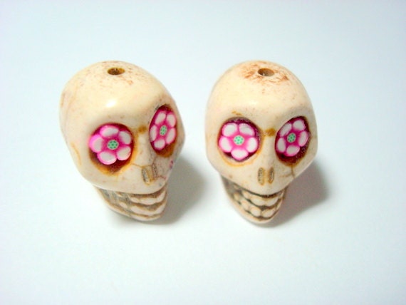 Pink Flower Eyes Ivory Howlite Skull Beads