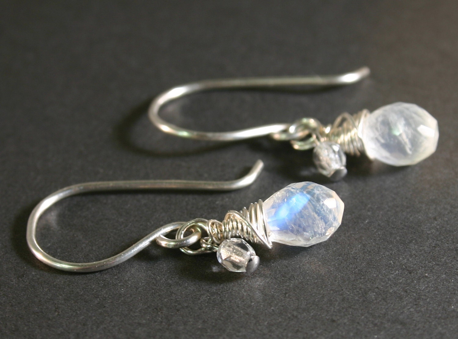 Moonstone Earrings Teardrop Briolette with Sterling Silver and Crystal