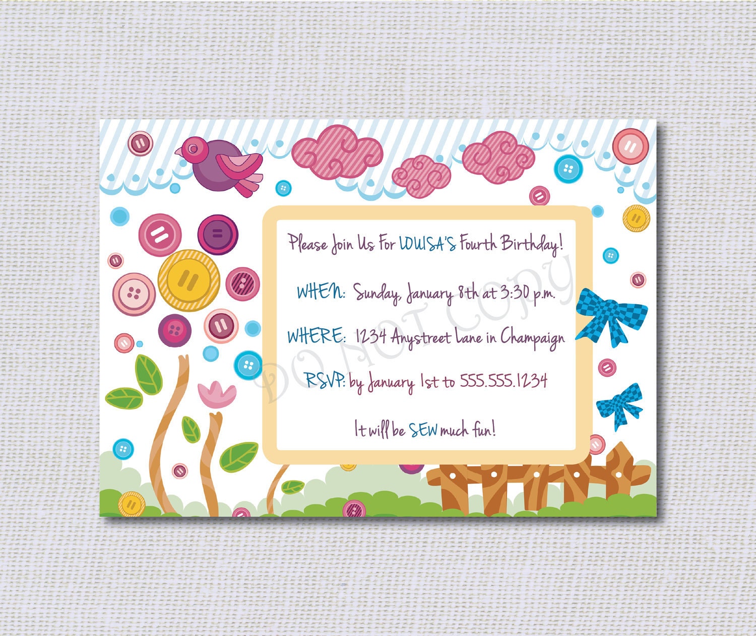 Birthday Party Invitations - Buttons and Bows - Lalaloopsy Inspired - Set of 20 with Envelopes