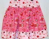 Custom  Whooo Loves You Pink Owl Polka Dots Tiered Gathered Garden Skirt sizes 2T thru girls size 8