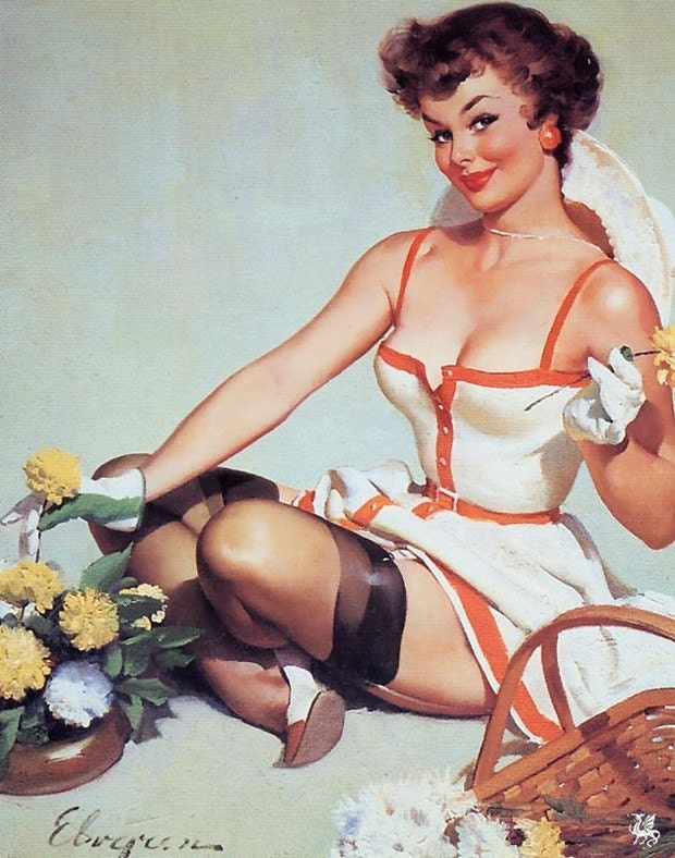 Free US shipping Handprinted Cotton Art Reprodn Applique Vintage Sexy Pin-up Girl Gil Elvgren "Budding Out" , 1968