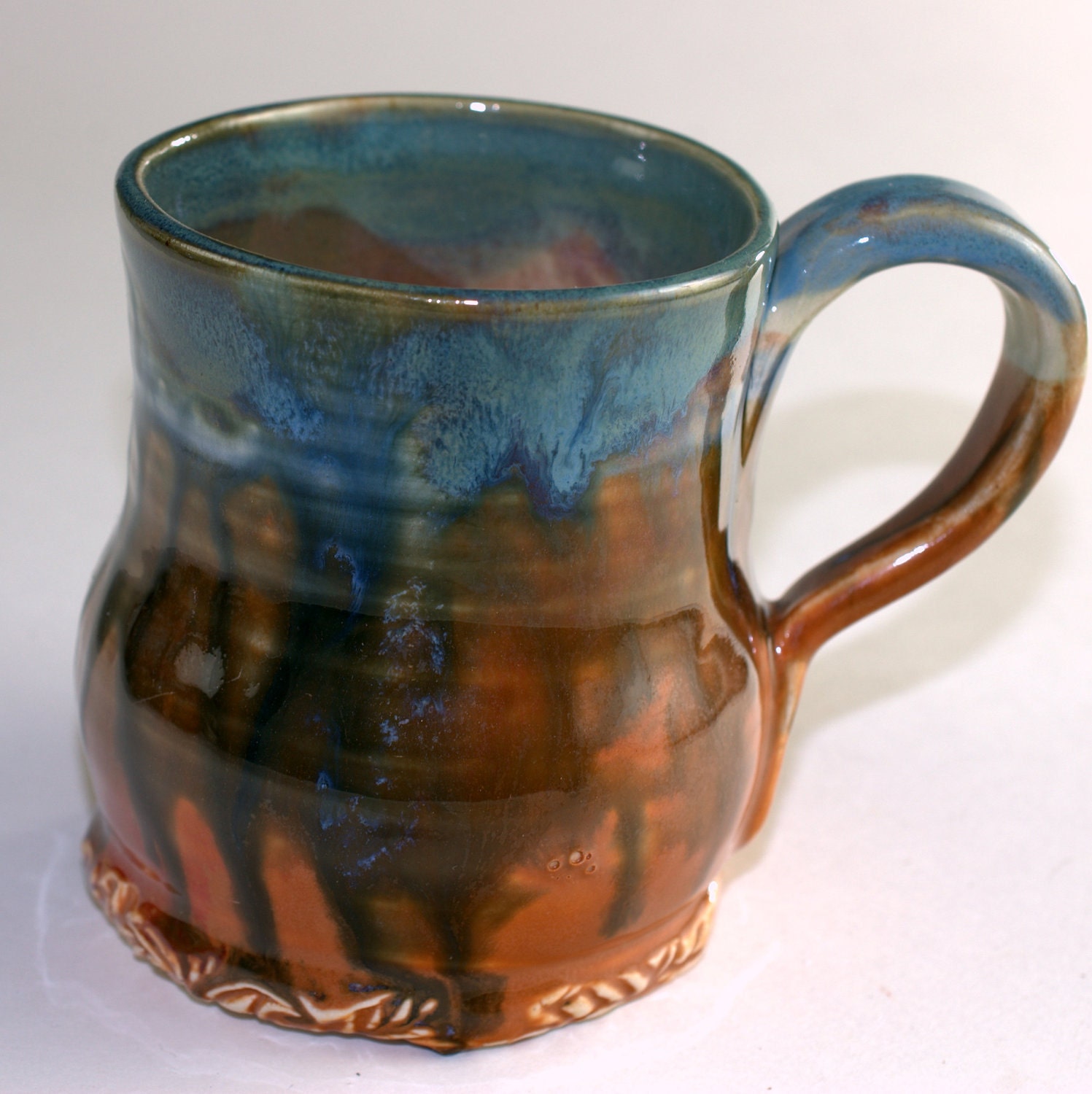 Mug Coffee 10 oz Rust and Blue Ceramic Mug, Handmade Teacup - PrimitivePots
