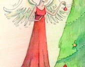Original ACEO Painting -- Decorating the tall Christmas tree