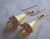 Earrings, Ornate Gold Cap & Pink Tulip Flower, Handmade