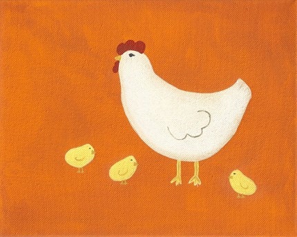 Fran the Chicken and her Chicks - PRINT - 8x10 - farm animals art for kids