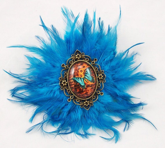 Turquoise Feather Fascinator Butterfly Cameo Hair Clip