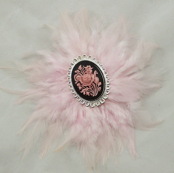 Pink Feather Fascinator Rose Cameo Hair Clip
