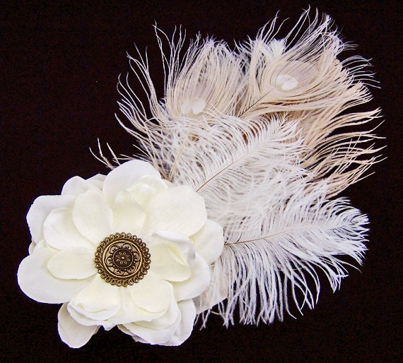 White Magnolia Feather Fascinator Hair Flower Clip Barrette