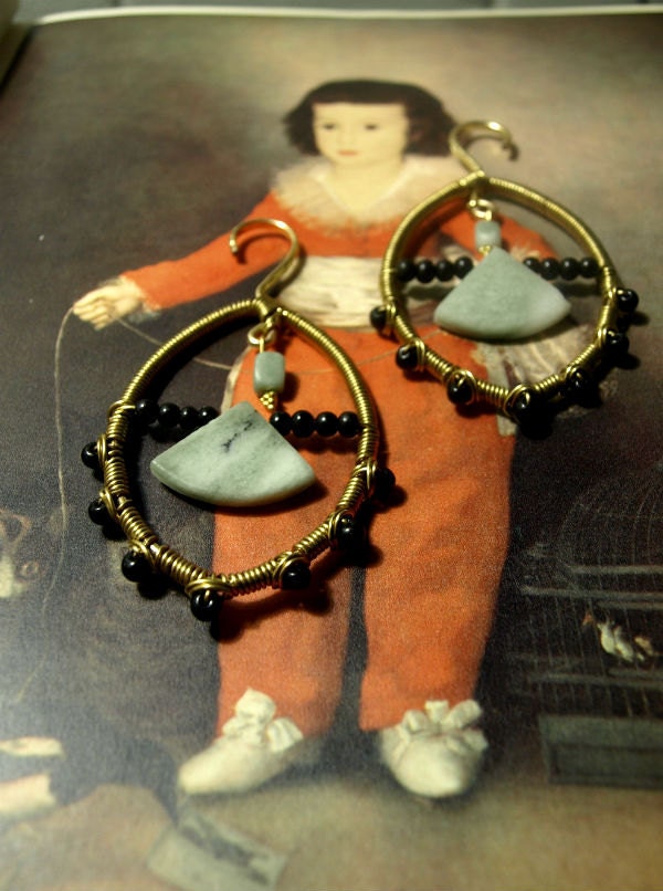Green marble, black glass and gold ear weights