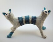 Cat Clay Sculpture Blue Beige Monster Janus