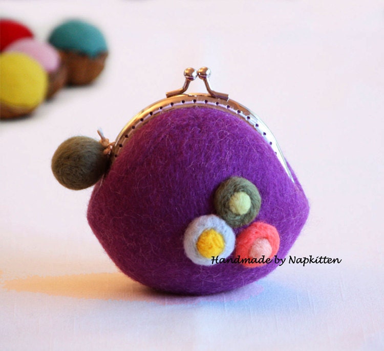 Wool Coin Purse, change purse, felted wool purse, felted wool, felt pouch, purse with frame Purple Flowers