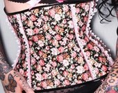 Pink & Black Roses Steel Boned Underbust Corset - Pick Your Size -  Handmade Vegan Bridal