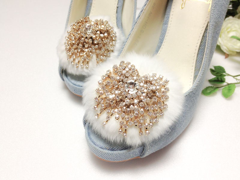 Sparkling Vintage style Gold plated Crystal White fur shoe clips-Limited Edition