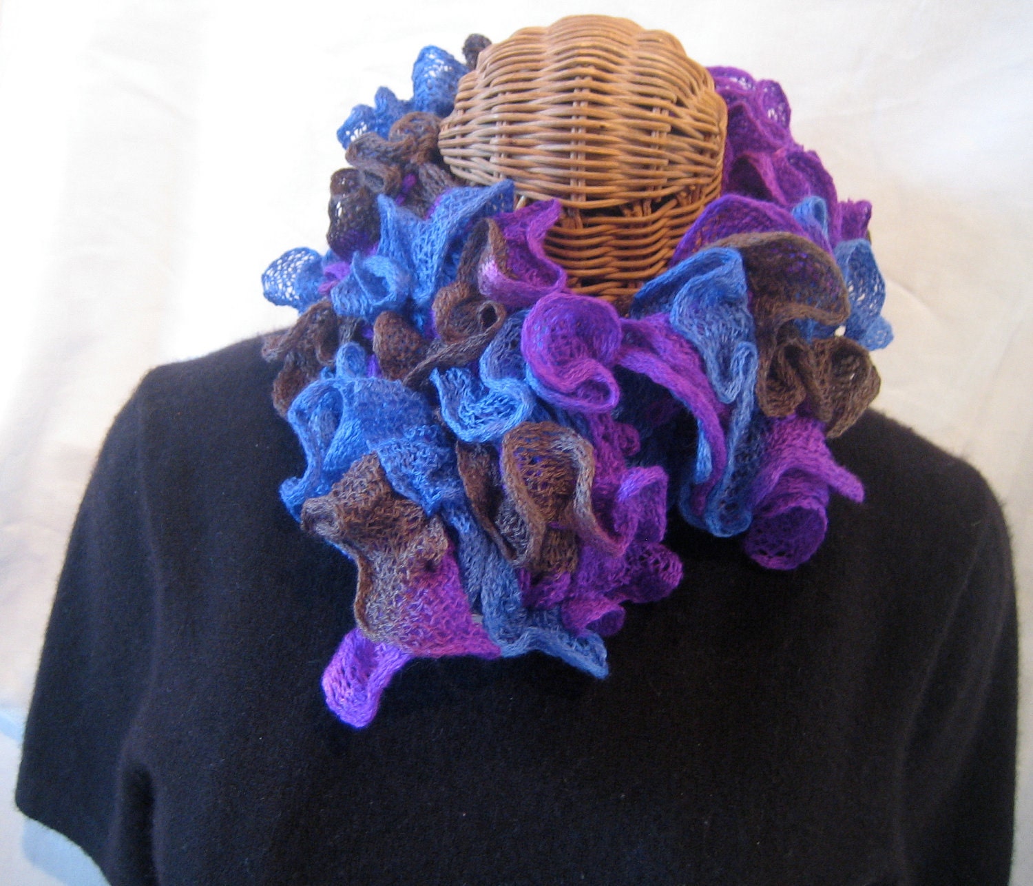 Reserved for sweetpetphotoshop: Hand Knit Women's frilly ruffle purple blue brown neck scarf accessory winter fashion