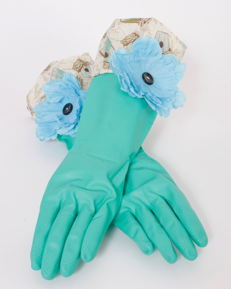 kitchen diva gloves retro style with flare to wash Dishes and clean Bird houses blues greens and brown