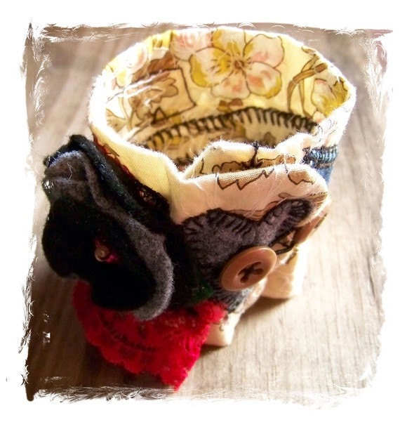 Wrist Cuff, Cottage Rose Textile Bracelet Felt Flower, OOA Art Jewelry by Everyday Bohemian on Etsy.