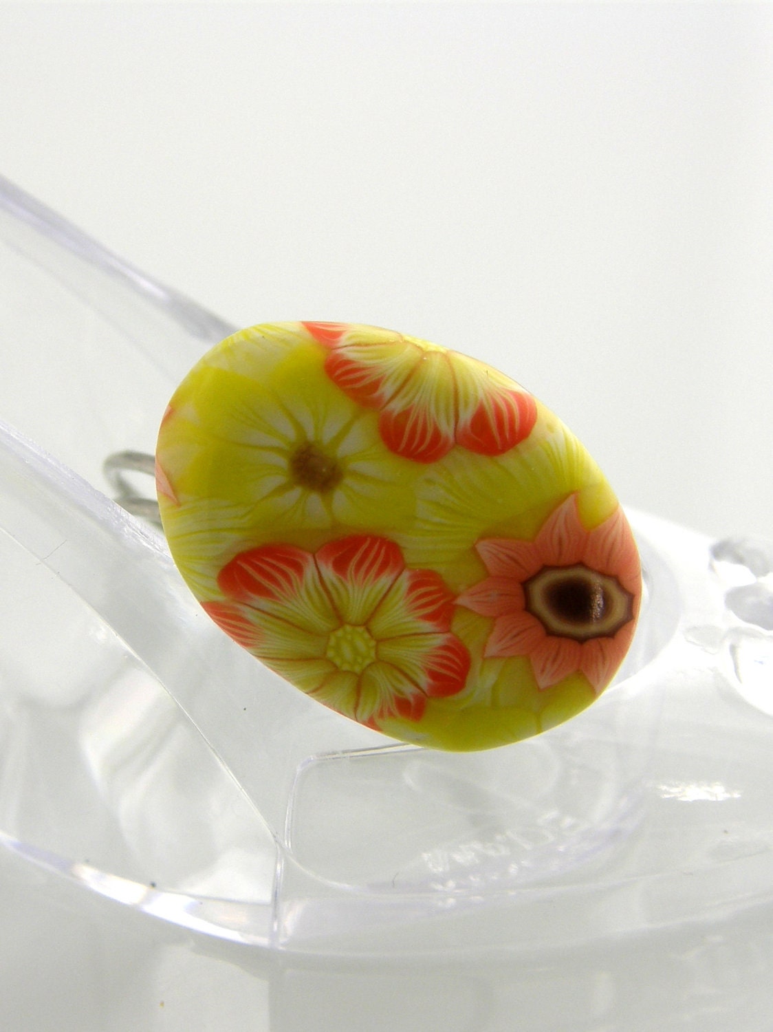 Clay Button Ring Oval Yellow Flower