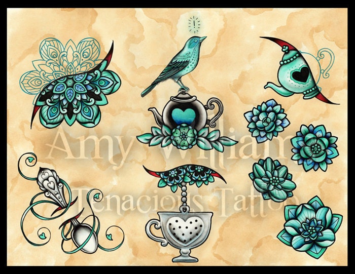Turquoise Tea Bird Tattoo Flash - Print
