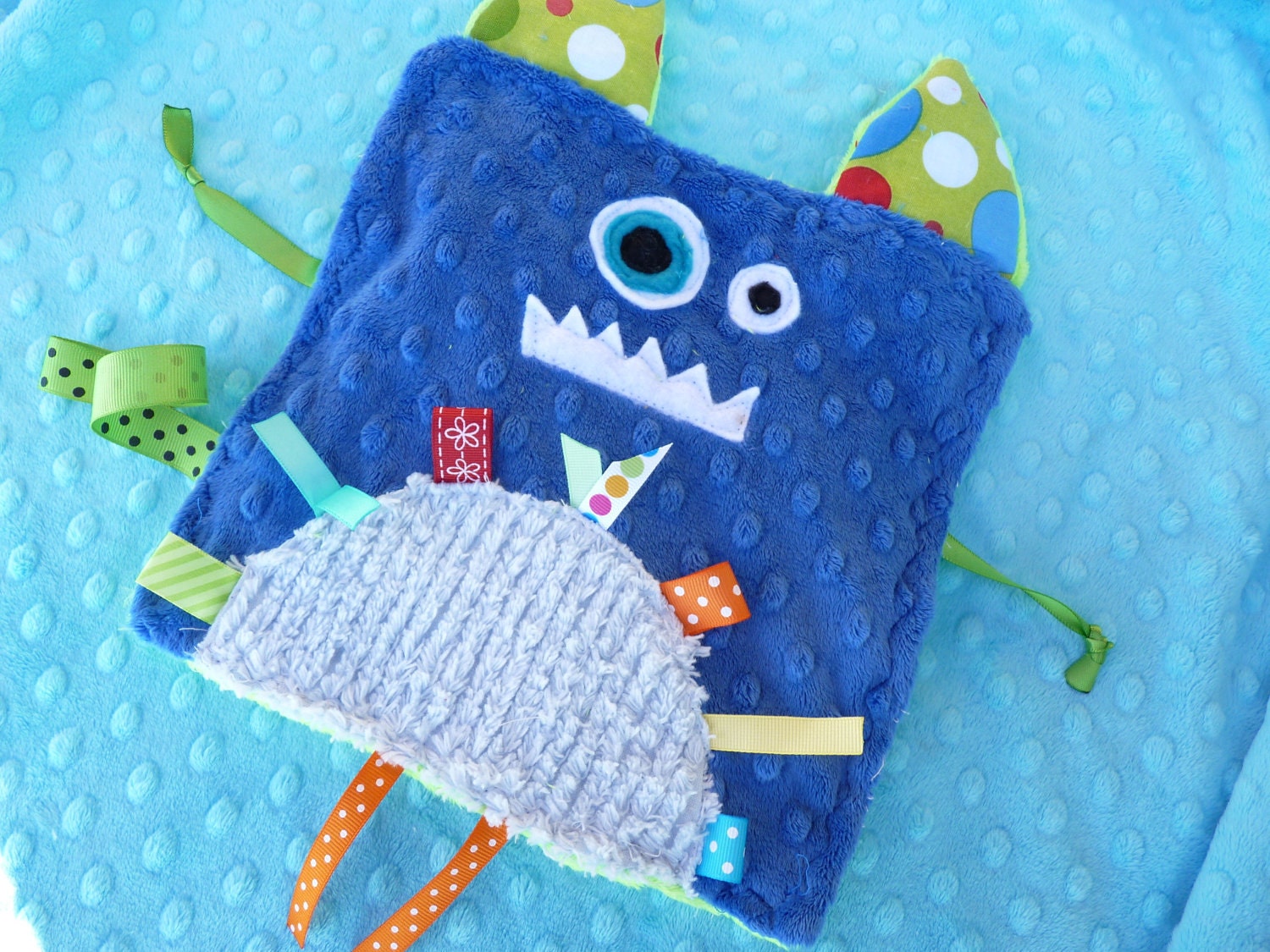 Monty the Monster- Crinkle Crackle- Ribbon blanket with pacifier clip holder